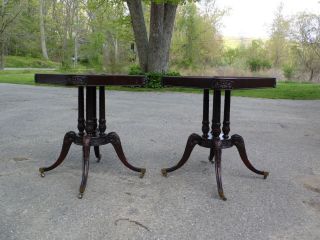 Vintage Pair Federal Regency Style Carved Mahogany Red Tooled Leather Top Tables 3