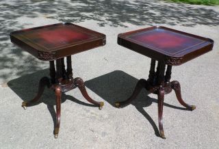 Vintage Pair Federal Regency Style Carved Mahogany Red Tooled Leather Top Tables 5