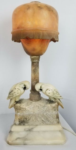 Antique Italian Carved Alabaster Marble Lamp With Parrots