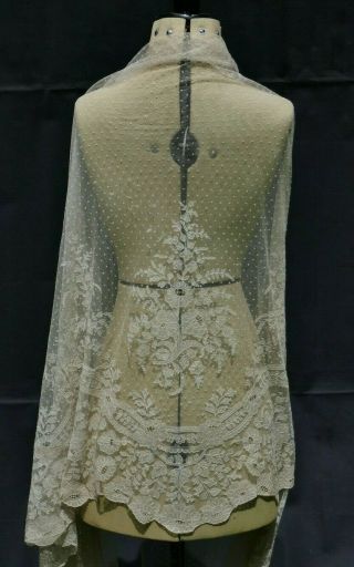 Antique 19thc Victorian Cream / Ivory Brussels Lace Large Wedding Shawl / Veil