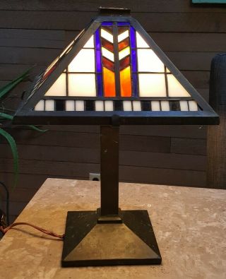 Bronze Stained Glass Arts And Crafts Table Lamp Signed Karl Barry