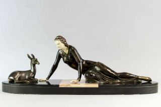 1930 Chryselephantine Art Deco Sculpture Lady And Deer By Menneville.  Signed