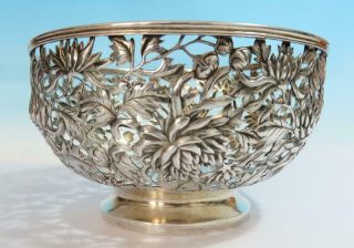 Antique Chinese Export Pierced Silver Bowl Chrysanthemums Luen Wo Shanghai
