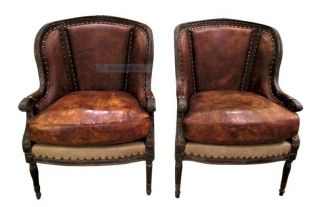 Pair Leather Chairs Nailheads Wood Frame Classic Vintage Ralph Lauren Inspired