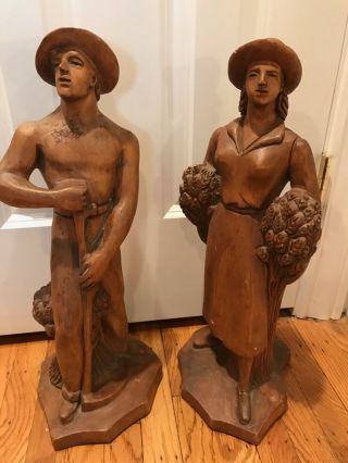 Antique French Wooden Carved Figures Man And Woman Circa 1930