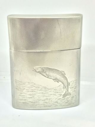 Antique Heavy Solid Silver Hip Flask With Salmon Engraving 10