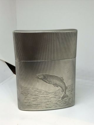 Antique Heavy Solid Silver Hip Flask With Salmon Engraving 2