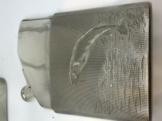 Antique Heavy Solid Silver Hip Flask With Salmon Engraving 7