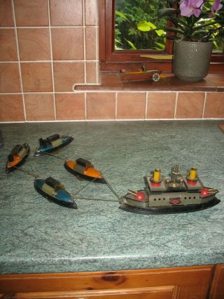 Rare Hess Battleship Flotilla Antique Tin Toy Germany Wind Up Boat Ship Tinplate 9