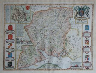 Stunning John Speed Map Of Hampshire,  1710 - 1743 With Hand Colouring.