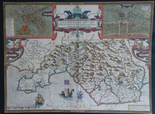 Early John Speed Map Of Glamorganshire,  Wales,  Hand Coloured Circa 1676
