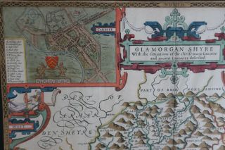 Early John Speed map of Glamorganshire,  Wales,  hand coloured circa 1676 3
