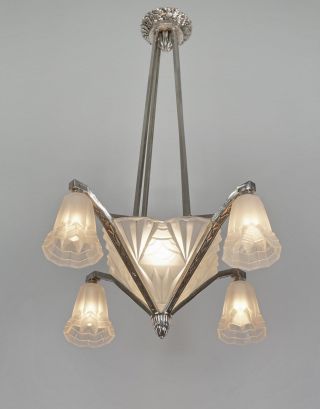 Degue: Signed French 1930 Art Deco Chandelier.  Bronze Lustre Lamp Muller Era