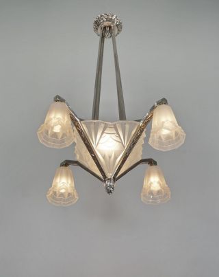 DEGUE: signed FRENCH 1930 ART DECO CHANDELIER.  bronze lustre lamp muller era 7