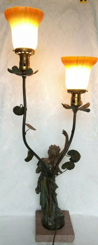 ANTIQUE ART NOUVEAU BRONZE FLORA W/ROSES & BOOKS LAMP MADE IN FRANCE c.  1900 10