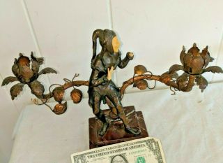 Gorgeous Art Deco Bronze Celluloid & Marble Jester Tole Flowers Lamp Base