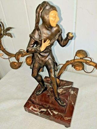 Gorgeous Art Deco Bronze Celluloid & Marble Jester Tole Flowers Lamp Base 2