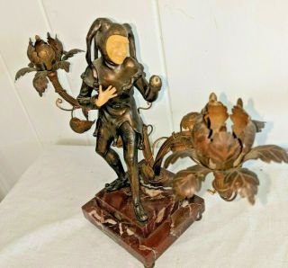 Gorgeous Art Deco Bronze Celluloid & Marble Jester Tole Flowers Lamp Base 3