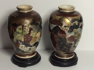 2 Edo/meiji Japanese Satsuma Thousand Faces Hand Painted Vases Hotoda ?