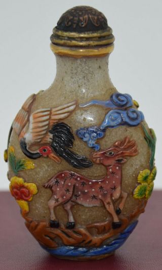 A117 Spectacular Chinese Crane Deer With The Spring Coloured Glaze Snuff Bottle