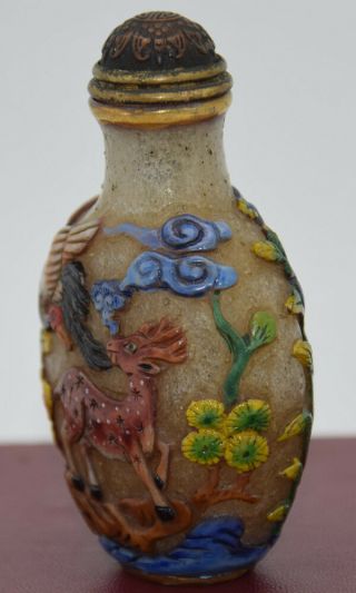 A117 Spectacular Chinese Crane Deer with the spring Coloured glaze Snuff Bottle 4
