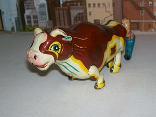 Vintage 1950 ' s Mikuni Japanese Tin Litho Wind Up Mooing Cow & Boy Pulling Tale 5