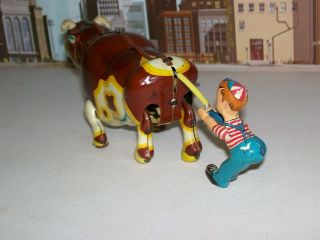Vintage 1950 ' s Mikuni Japanese Tin Litho Wind Up Mooing Cow & Boy Pulling Tale 7