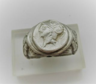 Museum Quality Ancient Greek Silver Seal Ring Head Of Athena And Lions 400bce