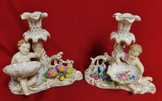 Antique Ger.  Dresden Carl Thieme Porcelain Putti Figural Candle Holders
