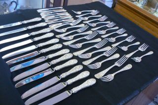 Stieff Sterling Silver Rose Repousse 87 Pc Service for 12 Flatware w Box No Mono 3