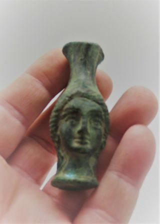 Ancient Roman Bronze Votive Vessel With Face Of Venus Scarce