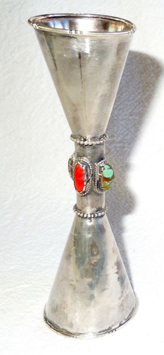 Silver 2 - Coral & 2 - Turquoise Double Shot Glass Old Southwestern Native American