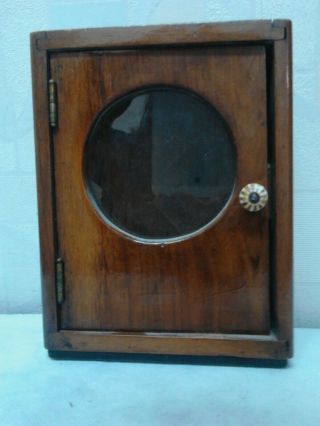 Antique Old Hand Made Wooden Wall Hanging Clock Box W Porcelain Handle/glass
