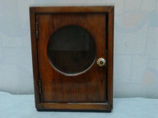 ANTIQUE OLD HAND MADE WOODEN WALL HANGING CLOCK BOX w PORCELAIN HANDLE/GLASS 2