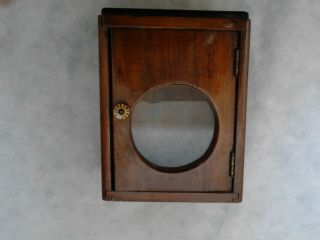 ANTIQUE OLD HAND MADE WOODEN WALL HANGING CLOCK BOX w PORCELAIN HANDLE/GLASS 3