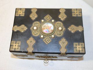 antique ornate 1800 ' s French bronze wood painted porcelain jewelry box brass 3