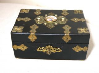 antique ornate 1800 ' s French bronze wood painted porcelain jewelry box brass 4