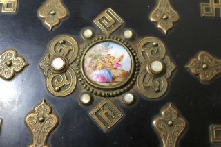antique ornate 1800 ' s French bronze wood painted porcelain jewelry box brass 5