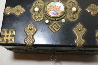 antique ornate 1800 ' s French bronze wood painted porcelain jewelry box brass 6