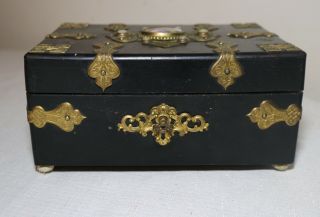 antique ornate 1800 ' s French bronze wood painted porcelain jewelry box brass 8
