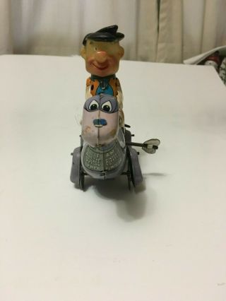 Vintage Rare 1960 ' s Japan Marx Linemar Fred Flintstone Riding Dino Tin Wind toy 2