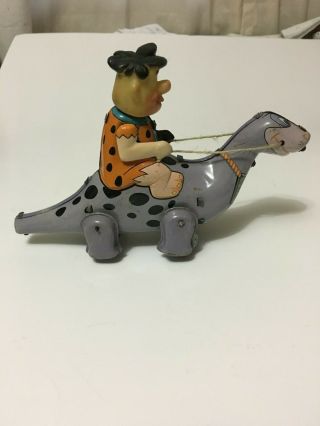 Vintage Rare 1960 ' s Japan Marx Linemar Fred Flintstone Riding Dino Tin Wind toy 3