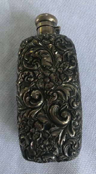 Antique Sterling Silver Floral Repousse Flask; Bailey,  Banks And Biddle