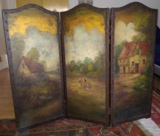 Antique Painted 3 - Panel Folding Screen Country Scene - Table Or Fireplace 38 " High