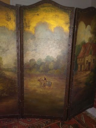 Antique Painted 3 - Panel Folding Screen Country Scene - Table or Fireplace 38 