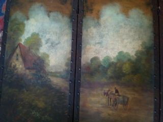Antique Painted 3 - Panel Folding Screen Country Scene - Table or Fireplace 38 
