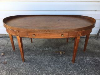 Antique Mersman Solid Mahogany Inlaid Oval Coffee Table W/ Drawer 6694