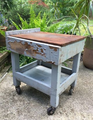 Vintage Wood Two Tier Cart Old Gray Paint Casters Shabby Factory Industrial