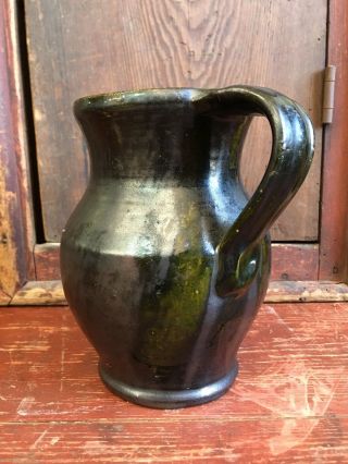 Small Antique Glazed Pitcher - Southern? Stoneware? Redware? - Extruded Handle