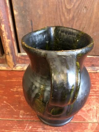 Small Antique Glazed Pitcher - Southern? Stoneware? Redware? - Extruded Handle 9